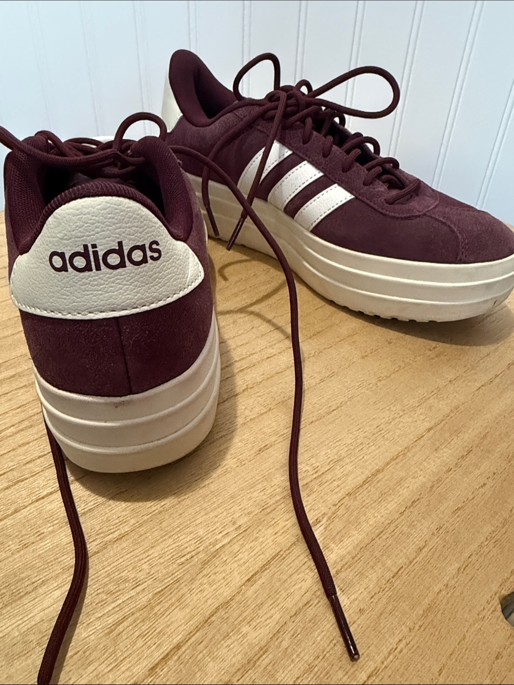 adidas Burgundy Suede Platform Sneakers with Cream Stripes - Picture 3 of 7